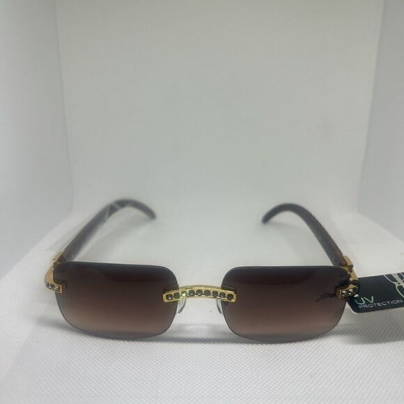 Rimless Rhinestone Wood Print Women’s Sunglasses - Picture 2 of 3